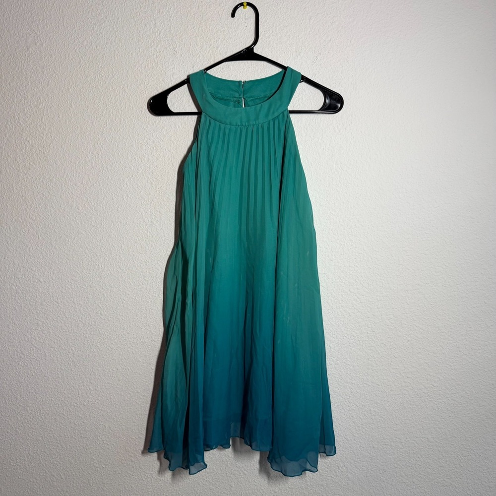Pleated Dress Womens Teal Green Ombre Halter Neck Summer Sleeveless Casual